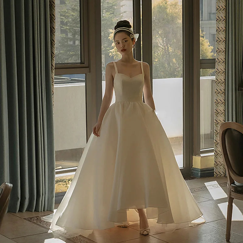 簡約細肩帶緞面夏季婚紗禮服/ 婚宴舞會長裙