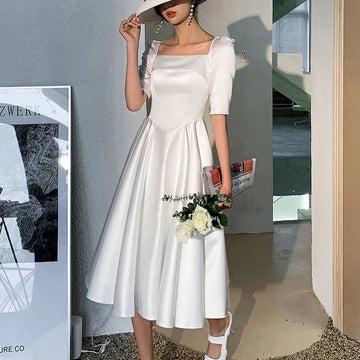 夏季白色緞面晚禮服/方領A字裙/優雅婚紗照/正式派對禮服