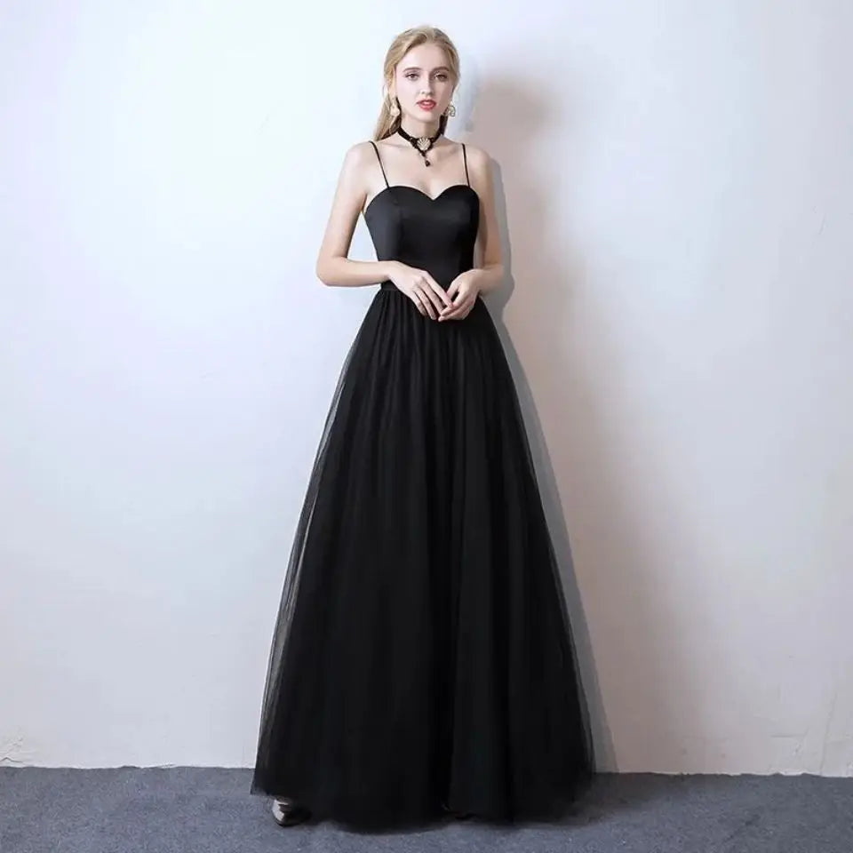 WeddLin 黑色吊帶無袖長洋裝｜簡約款舞會禮服
