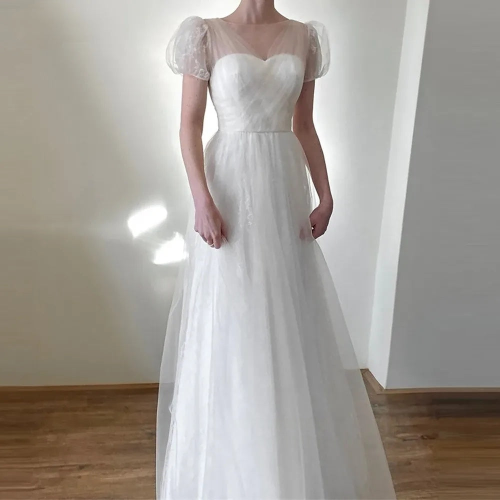 象牙白蕾絲婚紗/韓國A字型新娘禮服/泡泡袖拍攝長版婚禮派對禮服/訂製