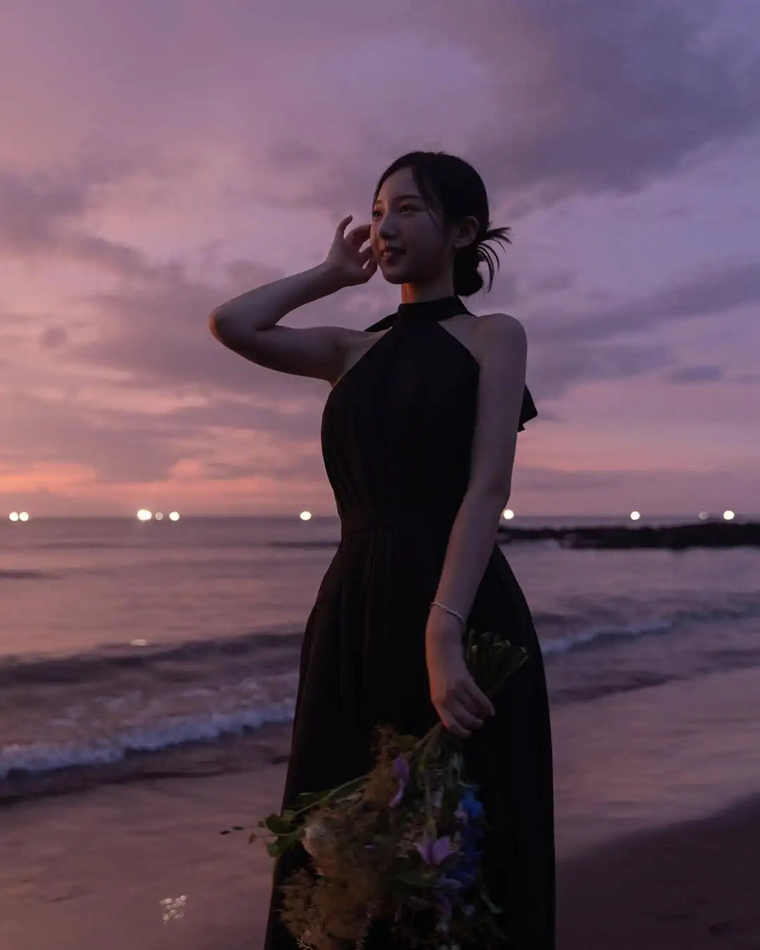 黑色高領A字蝴蝶結婚紗/ 無袖可訂製/ 拖地長款