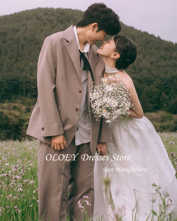 韓系簡約A字禮服/ 無肩帶 拍攝 婚禮/ 花園婚禮/ 白色長款婚紗