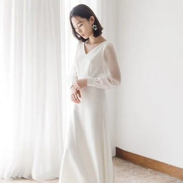 法式白色婚紗/新娘優雅性感 V 領/舞會晚會賓客派對長禮服/夏季正式禮服