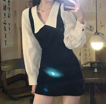 學院風長袖迷你連身裙/韓國時尚風格可愛性感彼得潘領 A 字假 2 件/休閒別緻洋裝