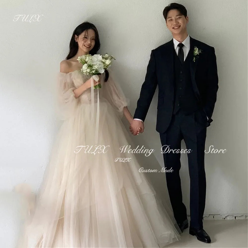 WeddLin 方心領泡泡袖長婚紗｜韓版拍攝禮服 A字紗裙
