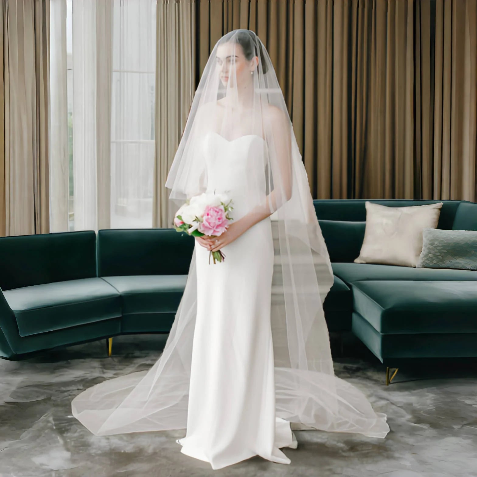 透明新娘面紗/婚禮面紗/遮蓋前後兩層教堂式垂墜面紗/婚禮配件