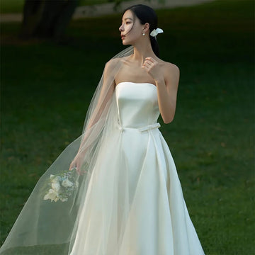 婚禮派對優雅洋裝/簡約A字型緞面韓國婚紗/束腰後背新娘禮服拍照/黑色洋裝