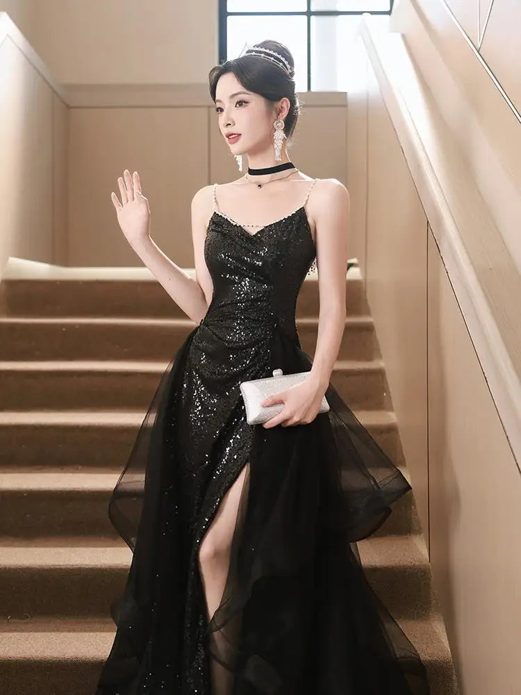 新款黑色長版亮片可拆卸拖尾/淑女公主宴會派對/演出舞會禮服/表演長裙