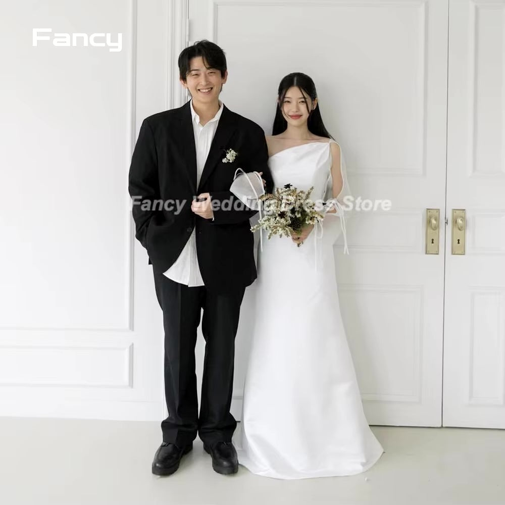 簡約A字婚紗/一字肩長袖新娘禮服/落地長軟緞新娘禮服/韓國拍攝