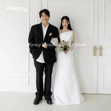 簡約A字婚紗/一字肩長袖新娘禮服/落地長軟緞新娘禮服/韓國拍攝