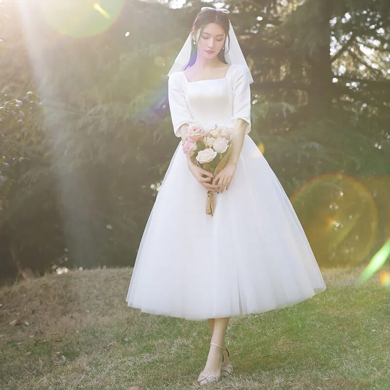 新娘白色緞面婚紗/正式晚宴優雅網紗/法式簡約赫本風格/超仙夏季禮服