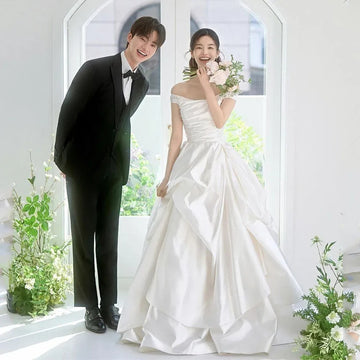 優雅象牙色緞面韓國婚紗拍攝/束腰禮服及地露肩褶皺新娘禮服/訂製