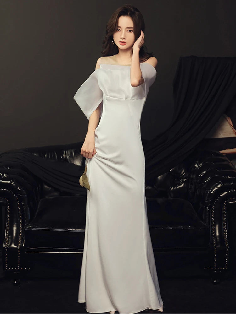 白色美人魚長款晚會舞會禮服/夏季優雅性感露背主持人/雞尾酒拖尾正式派對禮服