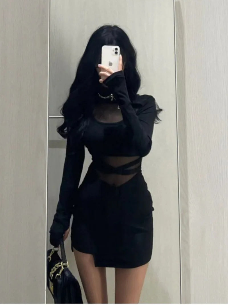 疊袖新款性感黑色魚骨洋裝/個性修身女裝/薄紗透視裹臀