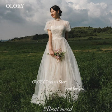 高領短袖婚紗/蕾絲A字韓國拍攝禮服/新娘優雅拖尾婚紗