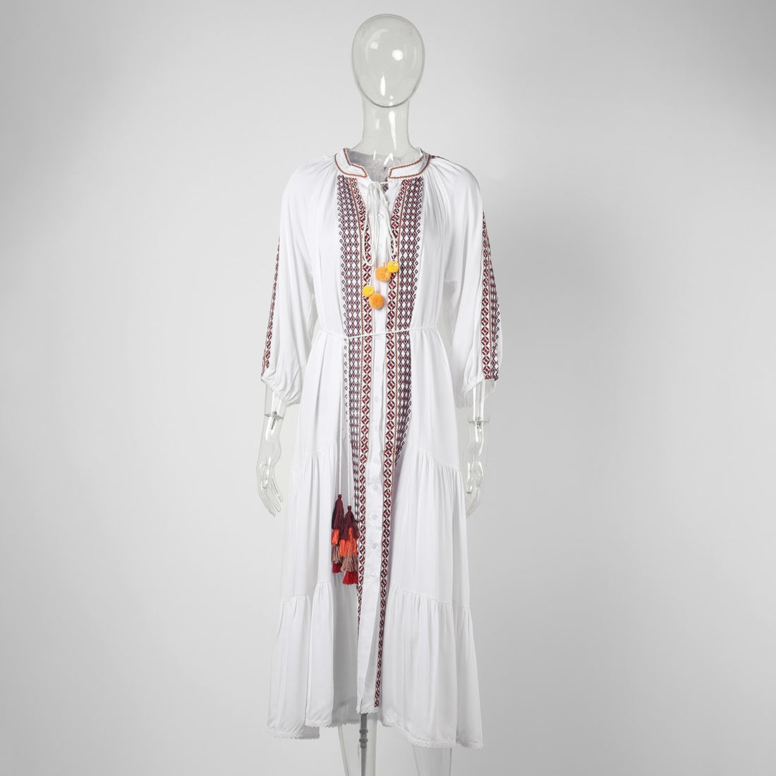 長連衣裙/女式夏季秋季長袖刺繡復古長連衣裙/波西米亞海灘嬉皮寬鬆