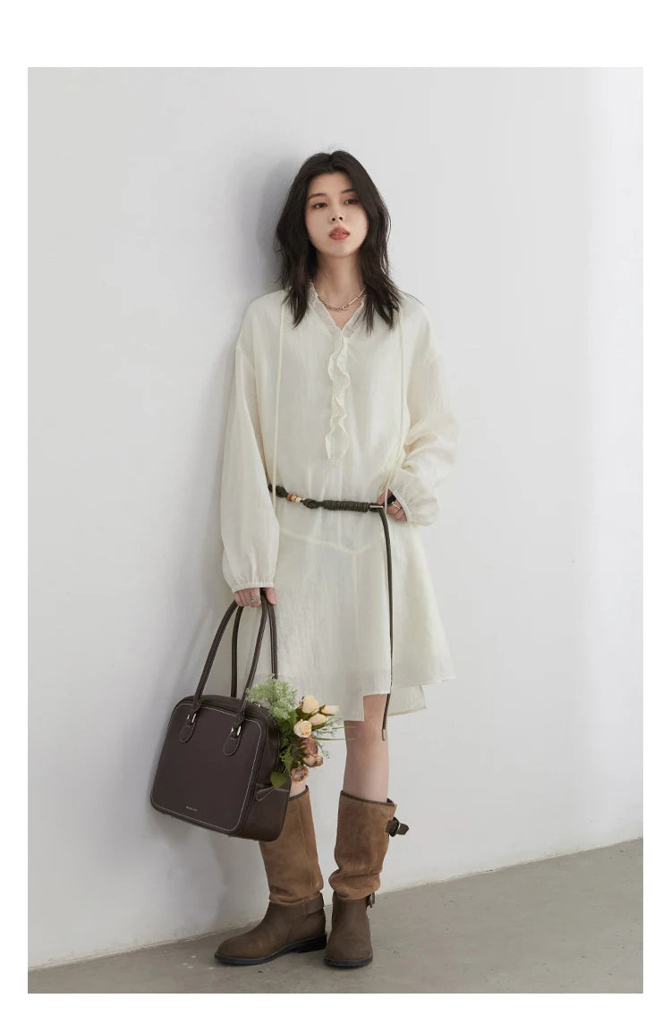 V領荷葉邊長袖A字連身裙/ 女裝/春夏寬鬆氣質洋裝