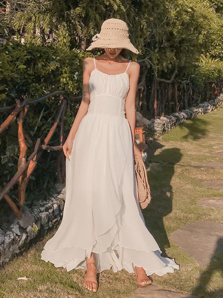 海灘派對露背連衣裙/優雅高腰婚禮白色連衣裙/夏季細肩帶背心裙
