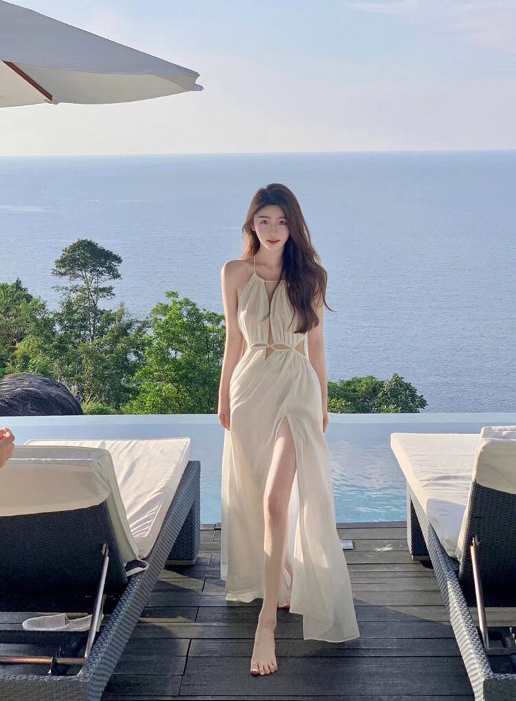 夏季時尚白色純色鏤空性感開衩長裙/背心沙灘風格/度假背心