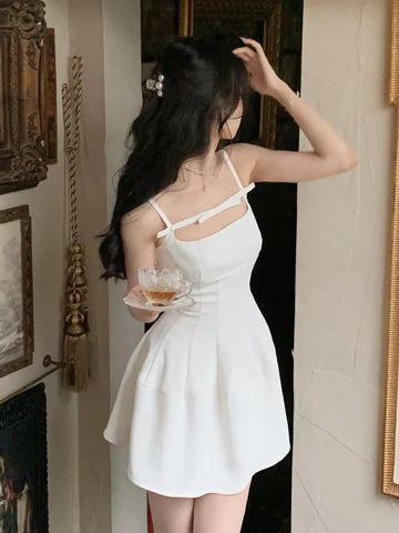 夏季 Y2K 細肩帶晚會禮服/純色優雅無袖性感 A 字短洋裝