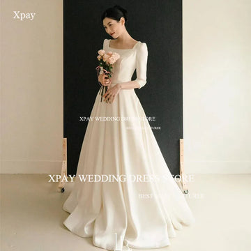 WeddLin 緞面方領五分袖輕婚紗｜韓系極簡 A-Line 剪裁．客製尺寸、拍照婚紗推薦