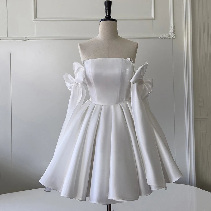 婚紗禮服/甜美蝴蝶結吊帶裙/緞面晚禮服/優雅性感迷你裙/簡約婚禮派對禮服