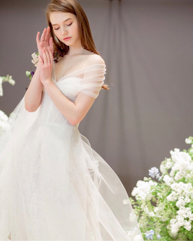 一字肩法式蕾絲婚紗/晚禮服戶外攝影婚紗/孫藝珍同款