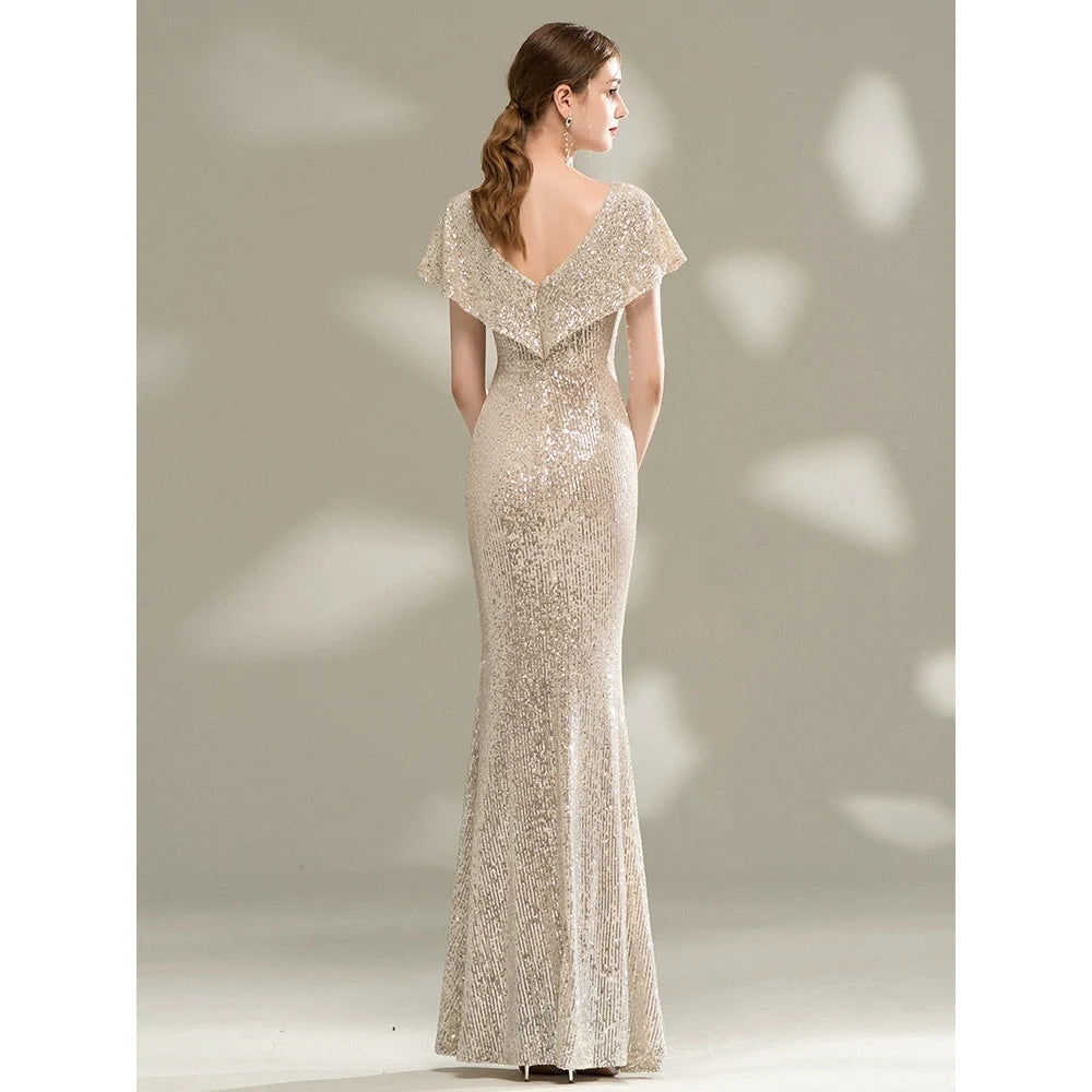 璀璨亮片深 V 領魚尾禮服｜新娘敬酒、正式晚宴首選