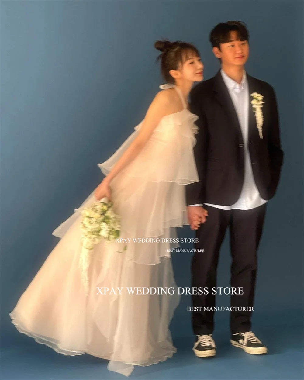 簡約韓風多層次雪紡露背婚紗/ 客製化一字領無袖長擺禮服/ 拍照派對婚禮禮服