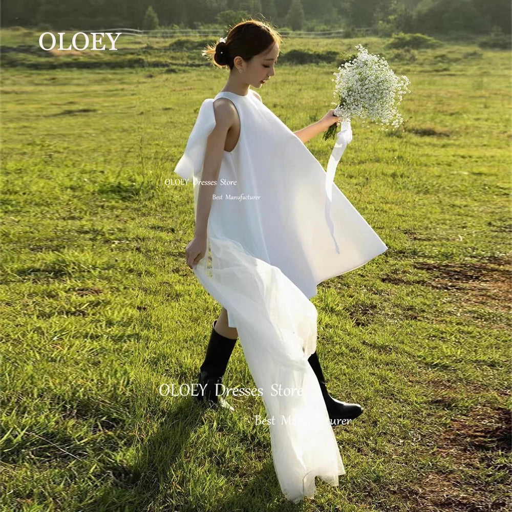 簡約緞面短婚紗/韓國寫真/無袖 O 領新娘禮服/蝴蝶結正式禮服/定制