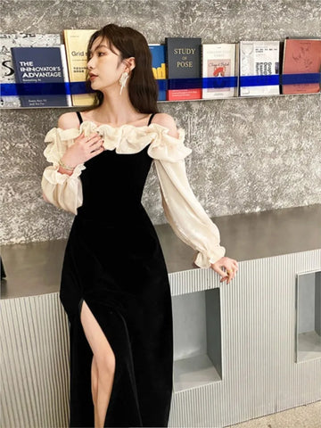 優雅紅色荷葉邊一字領禮服裙/ Puff 袖中長洋裝/ 宴會婚禮晚宴裙