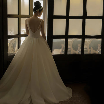 簡約細肩帶緞面夏季婚紗禮服/ 婚宴舞會長裙