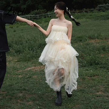 細肩帶晚禮服 /多層褶皺/ 韓國婚禮接待服 /拍攝訂製/ A 字型新娘禮服
