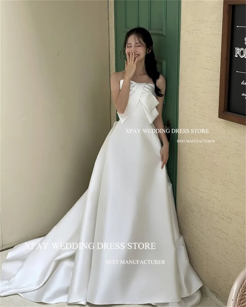 無肩帶 A 字簡約緞面婚紗/ 可客製/ 拍照宴客長禮服