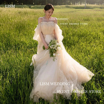 Fairy 韓國婚紗/露肩甜心泡泡袖A字拖地長/正式新娘禮服拍攝
