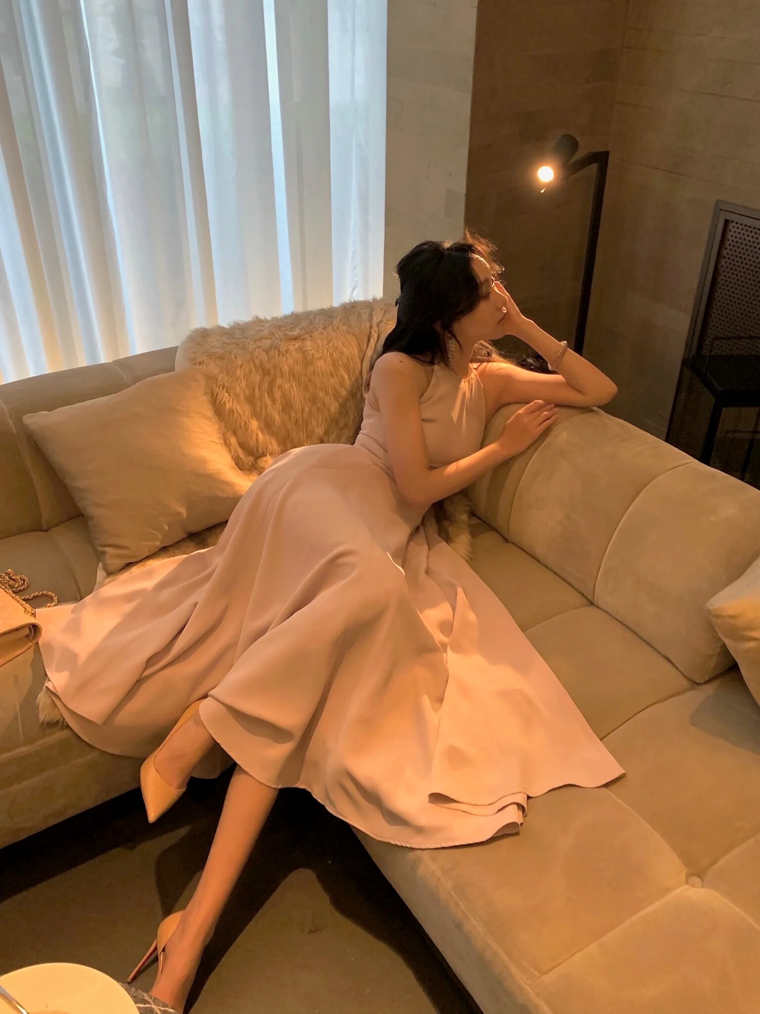時尚新款優雅休閒中長派對禮服/無袖 A 字純色別緻生日舞會背心/長裙女裝