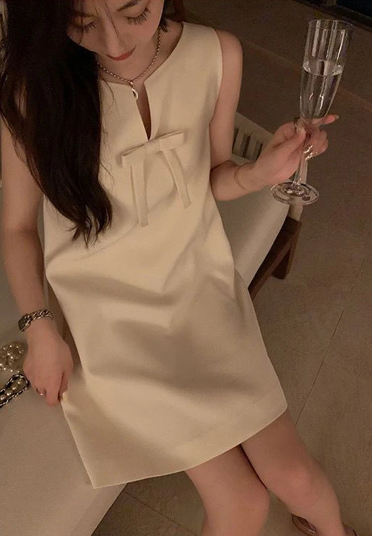 無袖緊身迷你連身裙/夏季基本純色派對性感連身裙 / 赫本風格優雅甜美蝴蝶結 A 字背心
