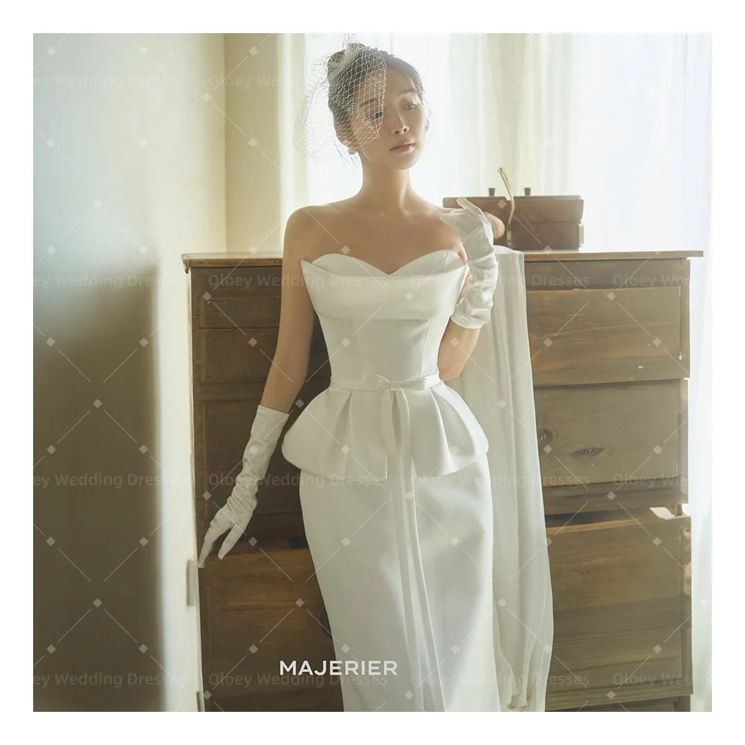 韓系緞面魚尾輕婚紗｜心型領立體抓褶馬甲綁帶禮服・小型婚禮與外拍婚紗推薦｜weddlin 客製婚紗