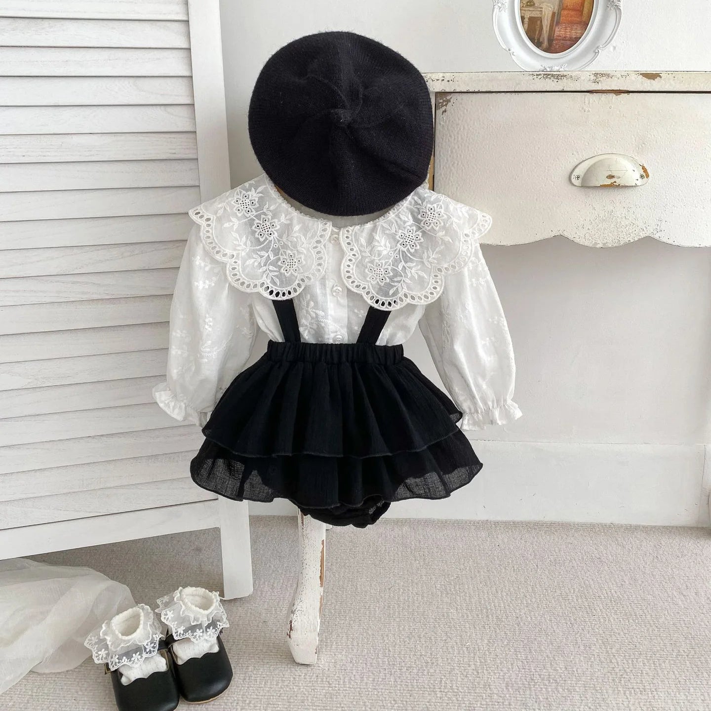 兒童女嬰服裝/幼兒女孩套裝/大領公主襯衫和蕾絲連身衣 2 件套/套裝