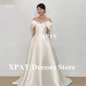 優雅露肩韓國婚紗拍照/袖緞面簡約新娘禮服/ 束腰新娘禮服/訂製