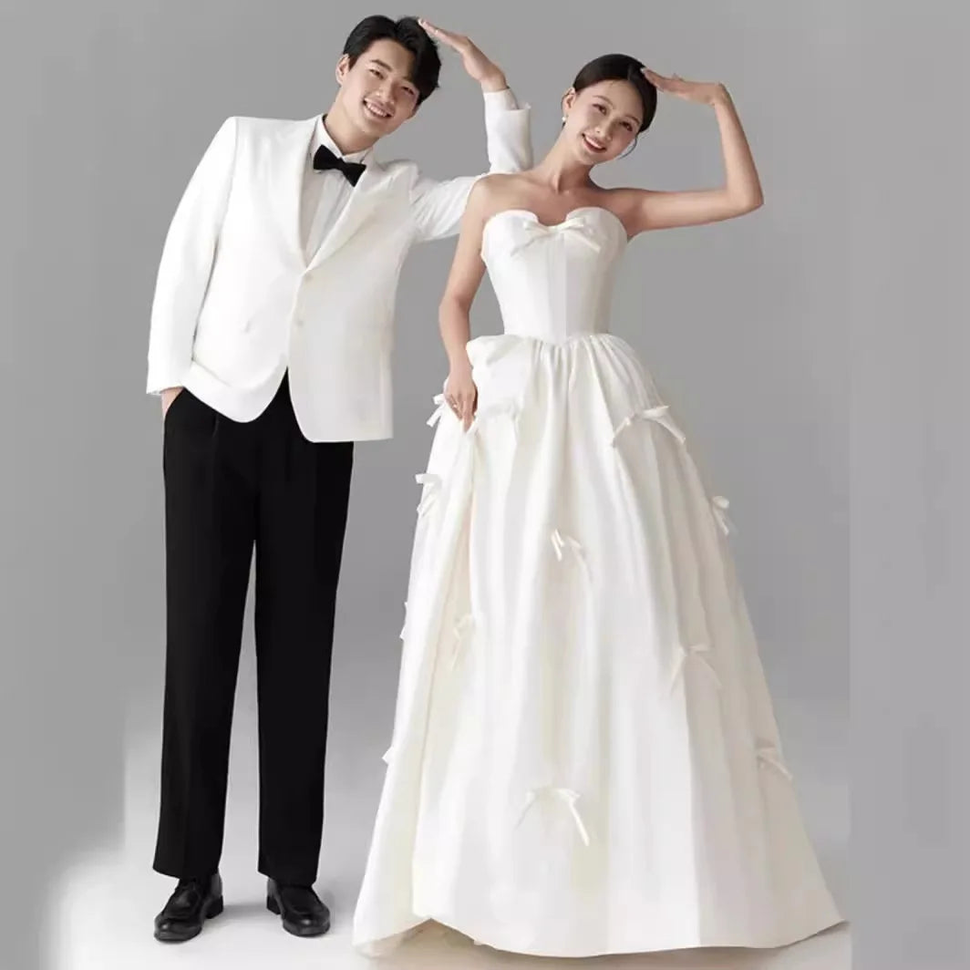 法式抹胸輕婚紗/新娘拖地緞面蝴蝶結白色禮服/戶外婚禮攝影