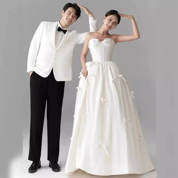 法式抹胸輕婚紗/新娘拖地緞面蝴蝶結白色禮服/戶外婚禮攝影