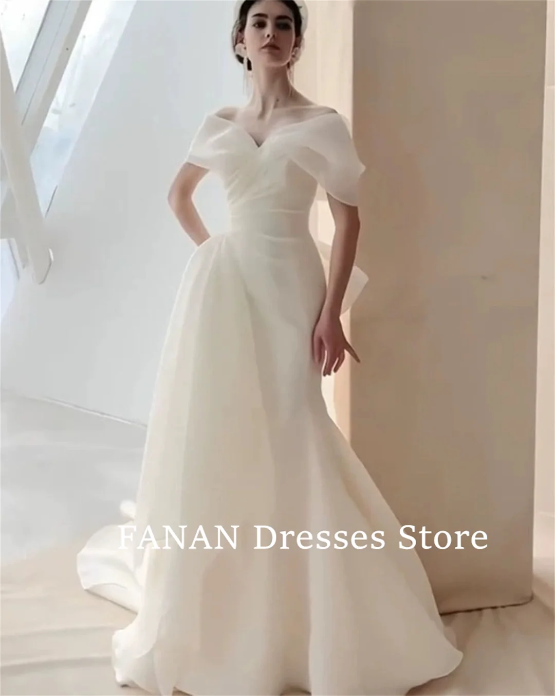 韓國露肩象牙白短袖婚紗/歐根紗美人魚復古訂製新娘禮服/加大尺碼