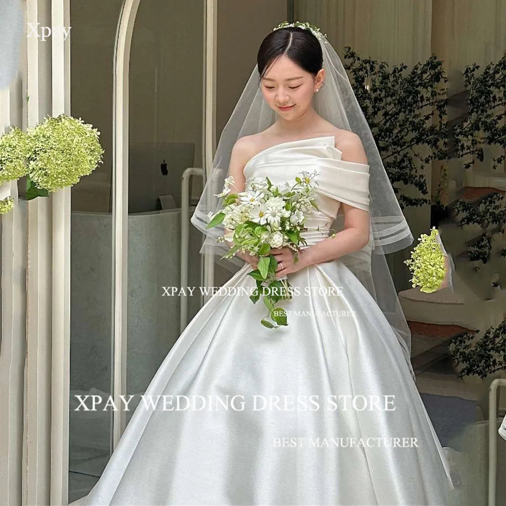 優雅緞面露肩韓式婚紗/訂製婚禮拍攝新娘禮服/繫帶訂製新娘禮服
