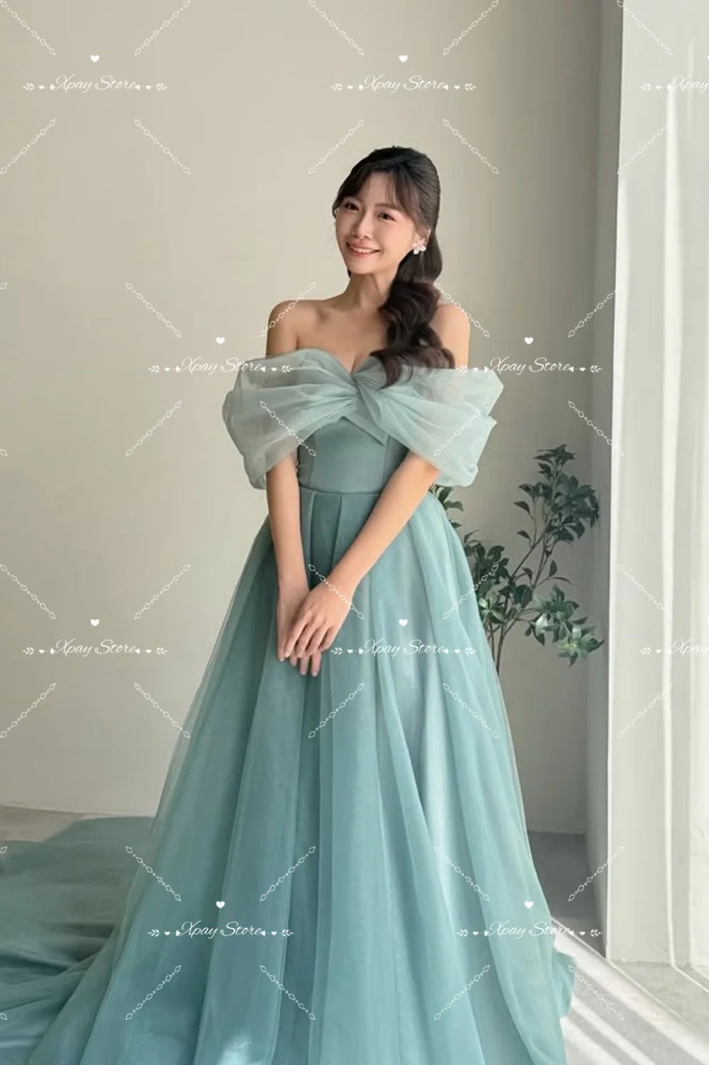 一字領蓬袖紗裙輕婚紗｜復古 A 字晚禮服・客製婚紗｜WeddLin