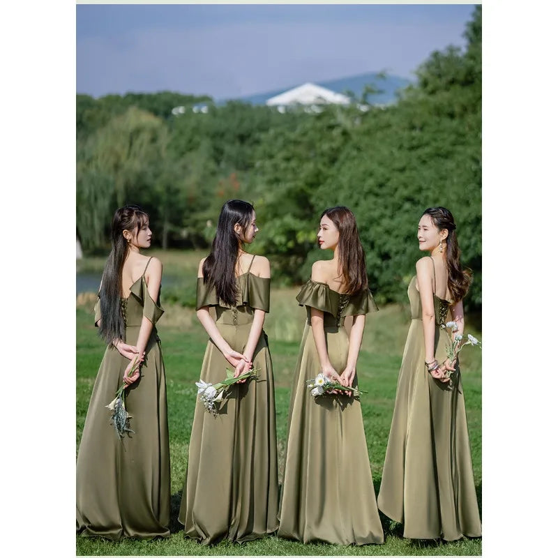 墨綠色緞面長款伴娘禮服｜小型婚禮與海外婚禮適用