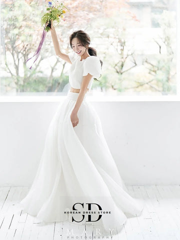 WeddLin 韓版短袖兩件式婚紗｜A字版緞面新娘禮服