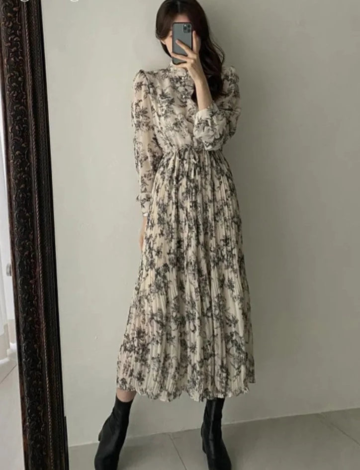 韓國春季女裝/新款碎花雪紡洋裝/休閒百褶洋裝/時尚印花長袖連身裙