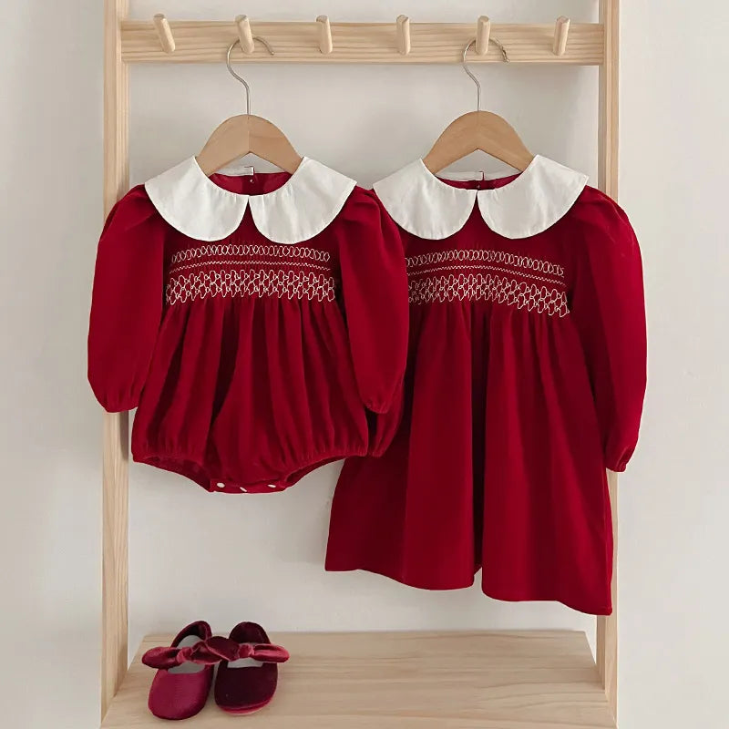 女寶寶衣服/秋季幼兒嬰兒連衣公主裙/紅色長袖洋裝/聖誕姊妹服
