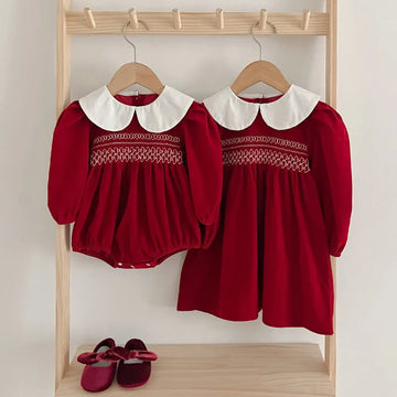 女寶寶衣服/秋季幼兒嬰兒連衣公主裙/紅色長袖洋裝/聖誕姊妹服